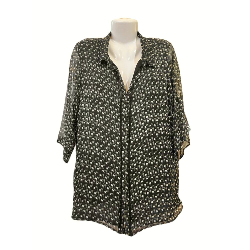 Pierri Women's Black W/ Tan Sheer Vintage 90s Silk Button-Down Blouse | Size 2X